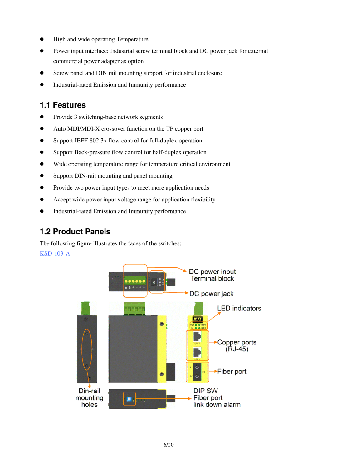 KTI Networks KSD-103-B Series, KSD-103-A Series manual Features, Product Panels 