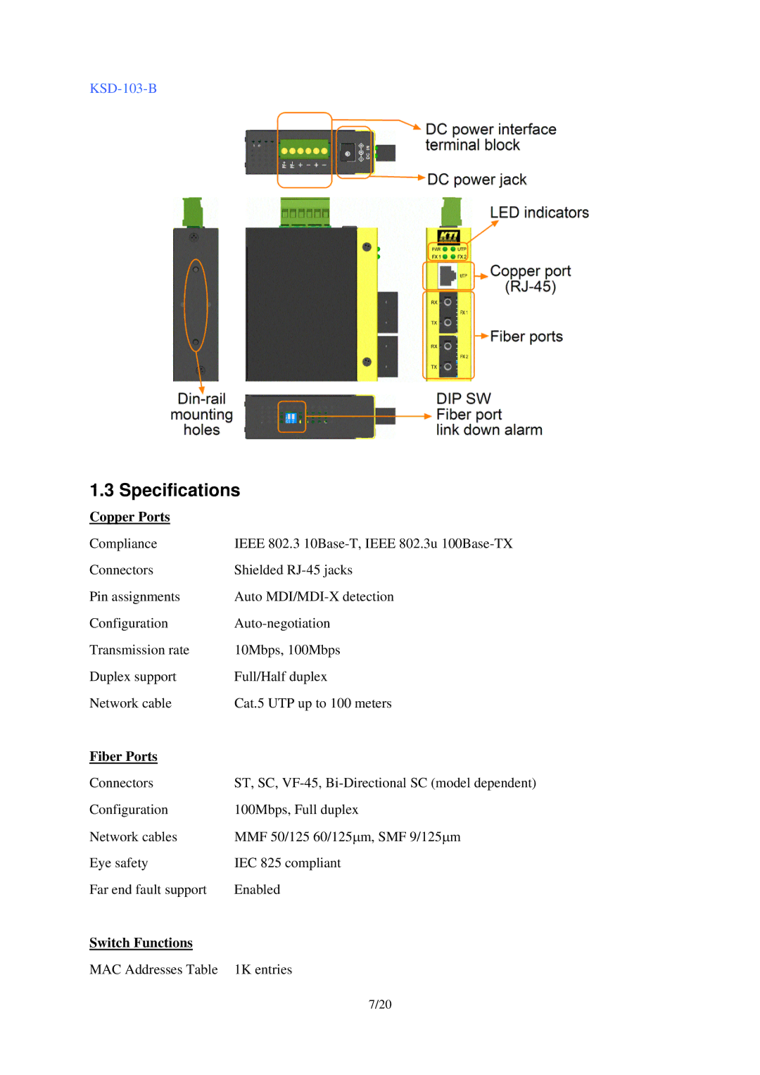 KTI Networks KSD-103-A Series, KSD-103-B Series manual Specifications, Copper Ports, Fiber Ports, Switch Functions 