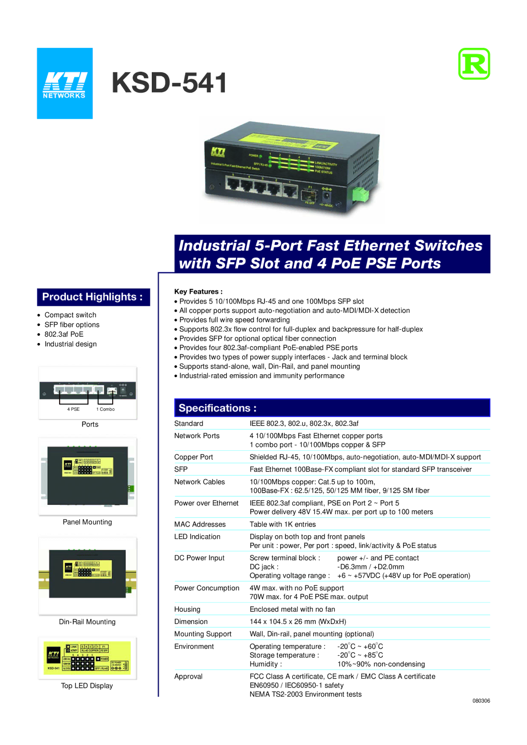 KTI Networks KSD-541 specifications Product Highlights, Specifications, Key Features 