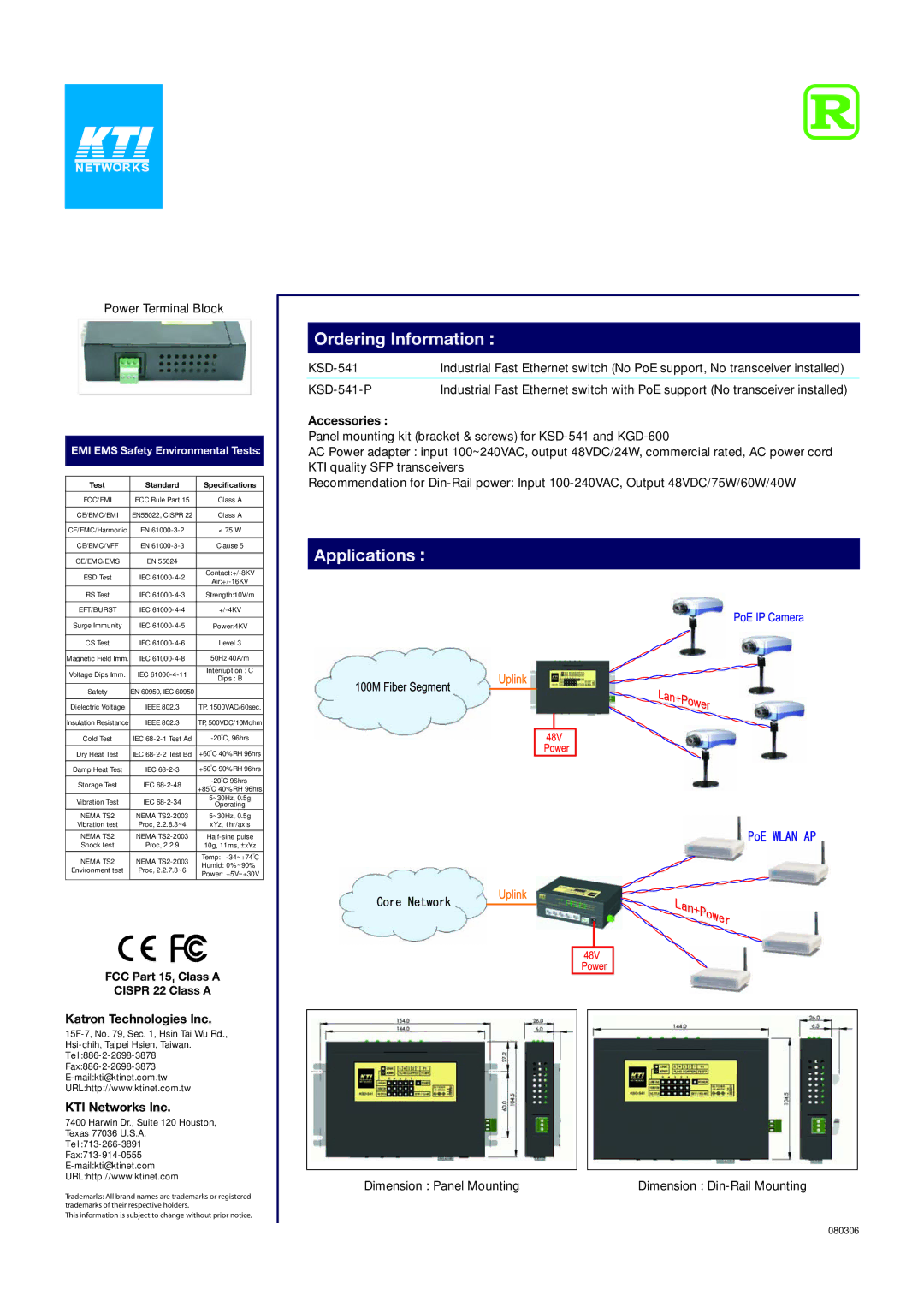 KTI Networks KSD-541 Ordering Information, Applications, Accessories, Katron Technologies Inc, KTI Networks Inc 