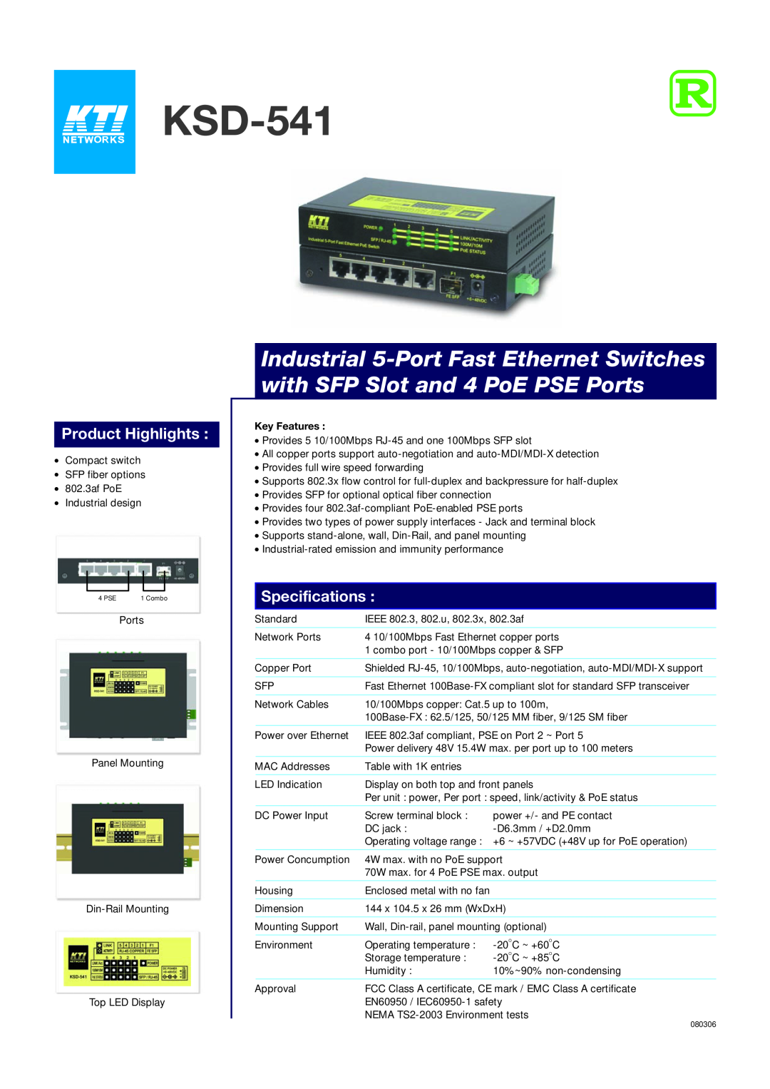 KTI Networks KSD-541 specifications Key Features, Product Highlights, Specifications 