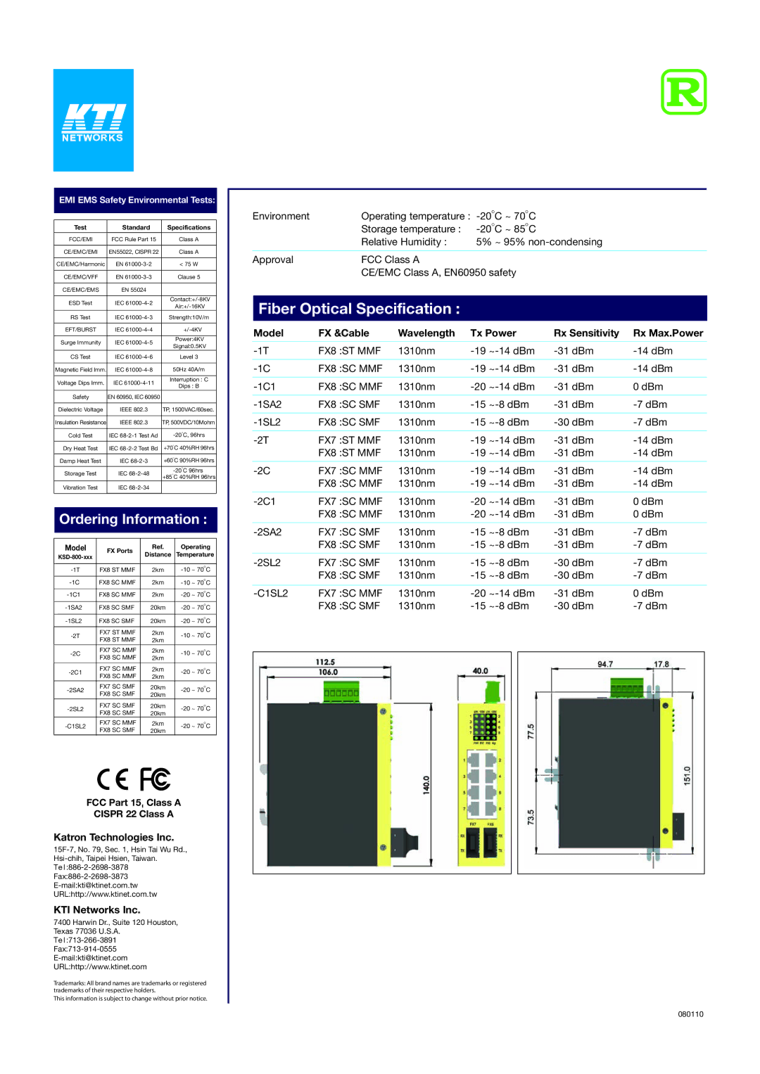 KTI Networks KSD-800 specifications Fiber Optical Specification, Katron Technologies Inc, KTI Networks Inc, Test Standard 