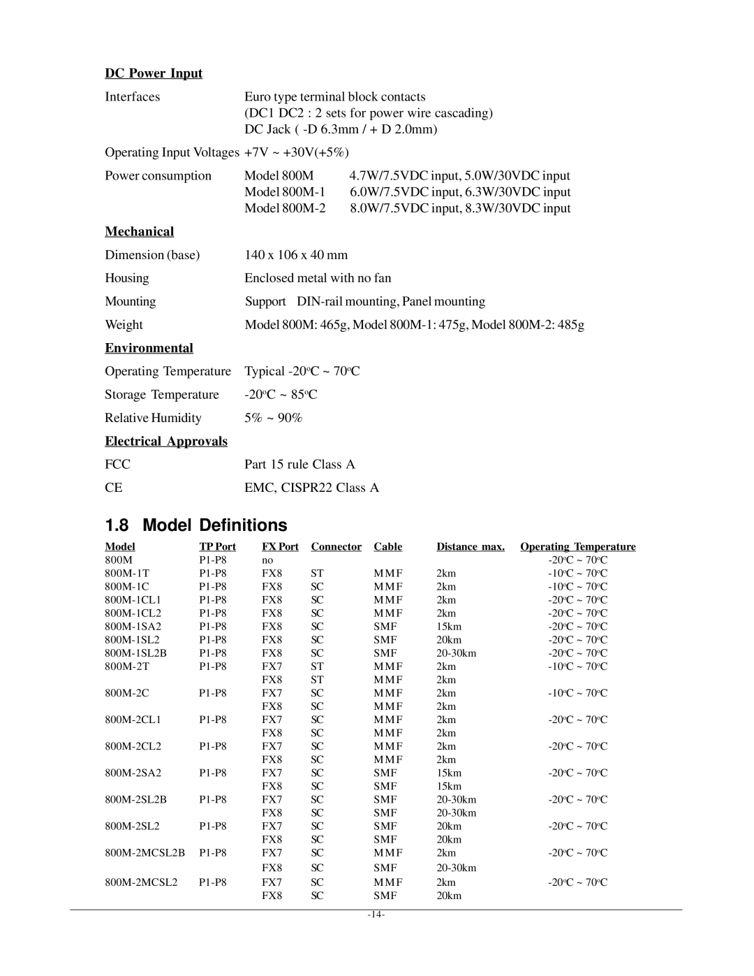 KTI Networks KSD-800M manual Model Definitions, DC Power Input, Mechanical, Environmental, Electrical Approvals 