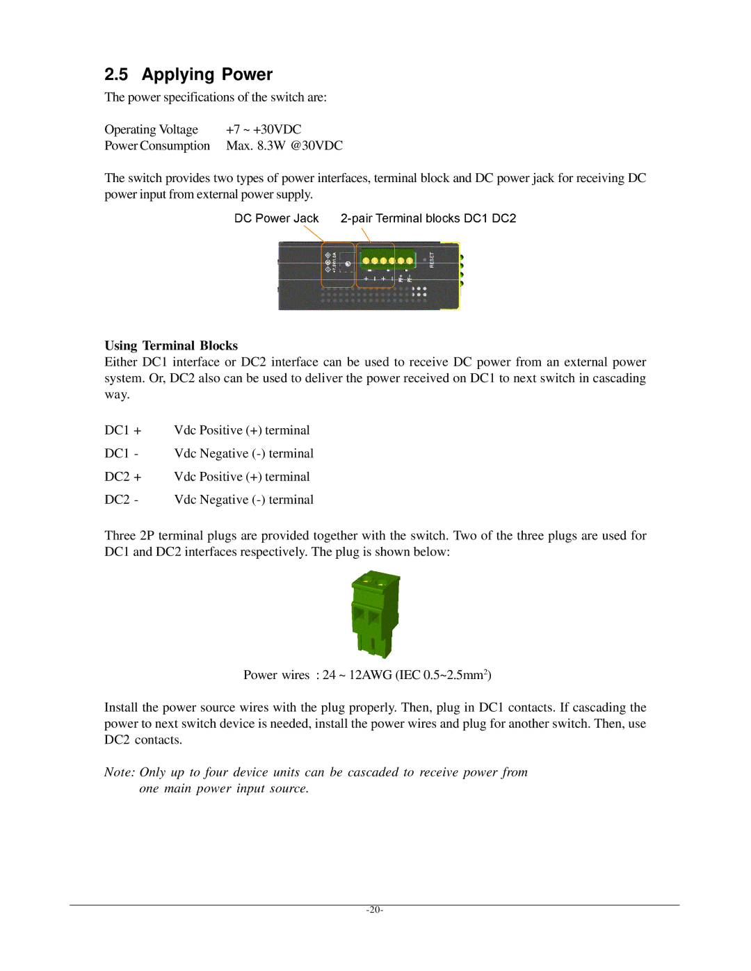 KTI Networks KSD-800M manual Applying Power, Using Terminal Blocks 