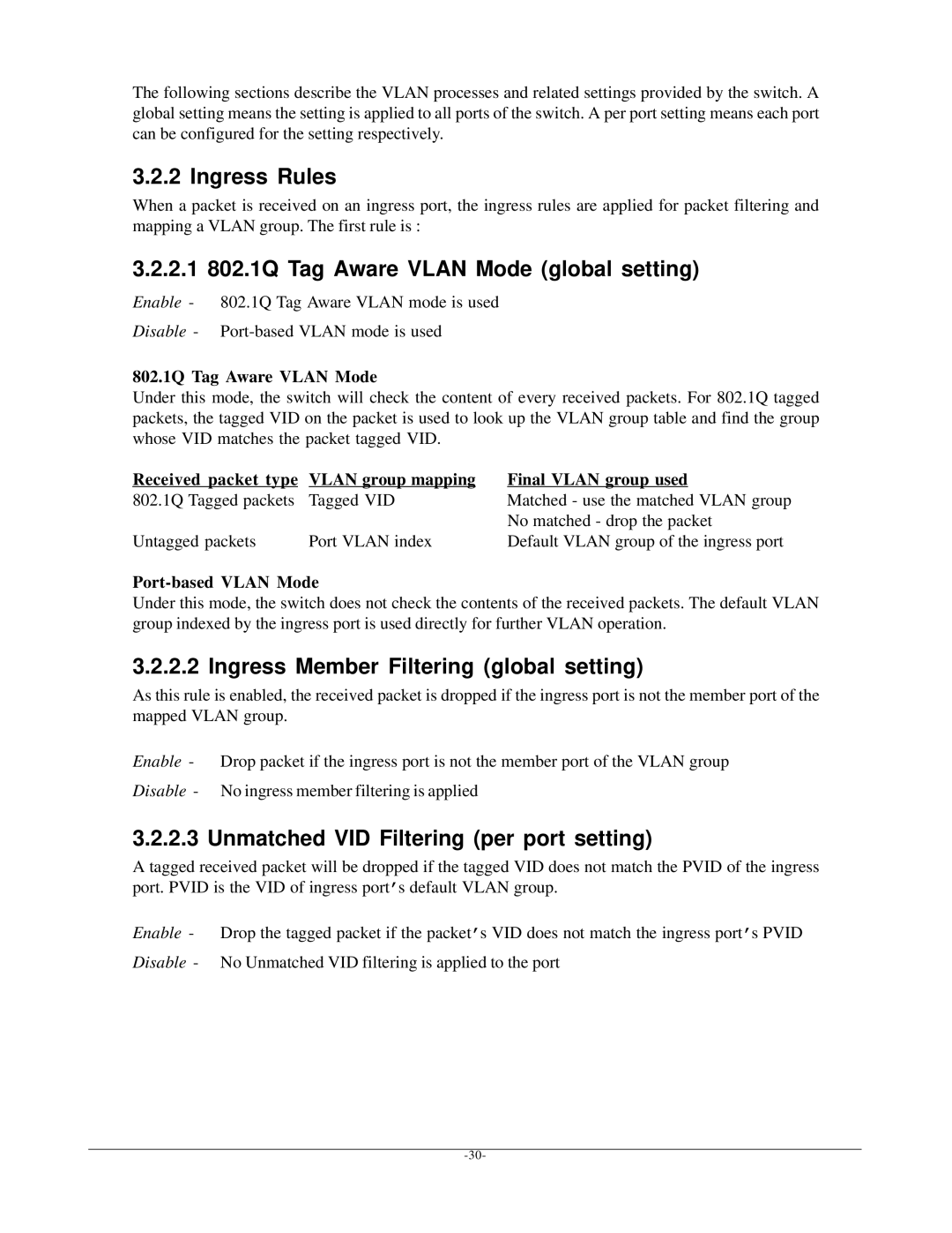 KTI Networks KSD-800M manual Ingress Rules, 2.1 802.1Q Tag Aware Vlan Mode global setting 