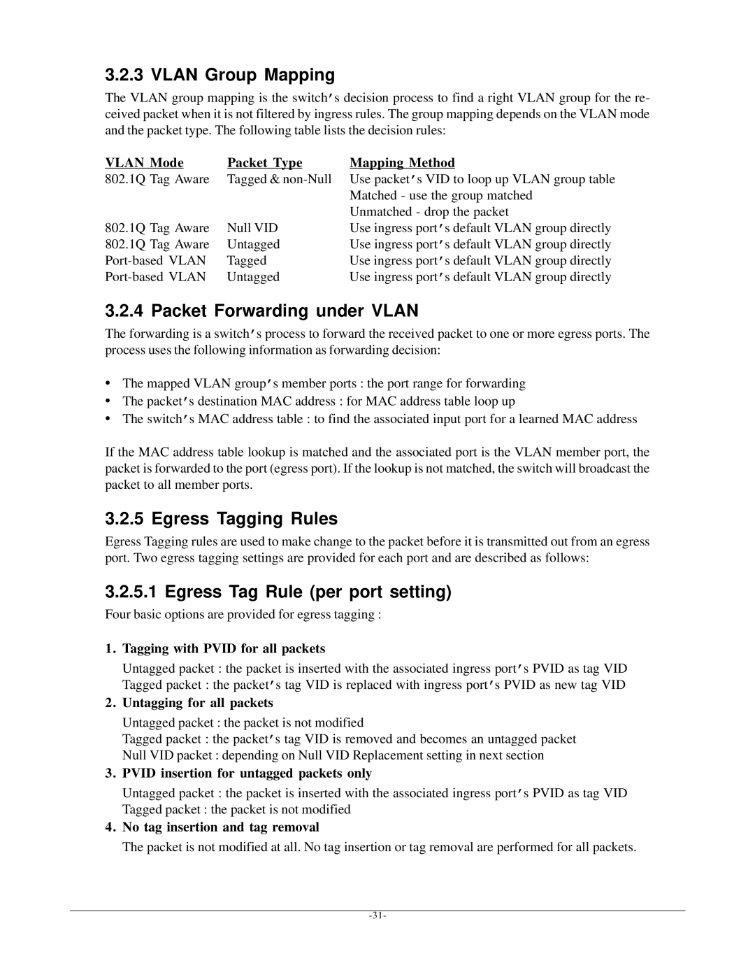 KTI Networks KSD-800M manual Vlan Group Mapping, Packet Forwarding under Vlan, Egress Tagging Rules 