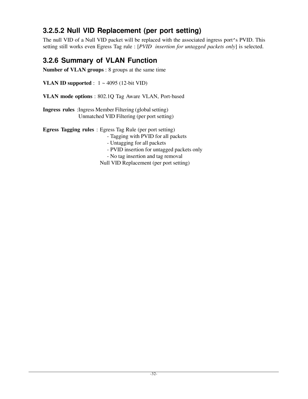 KTI Networks KSD-800M manual Null VID Replacement per port setting, Summary of Vlan Function 