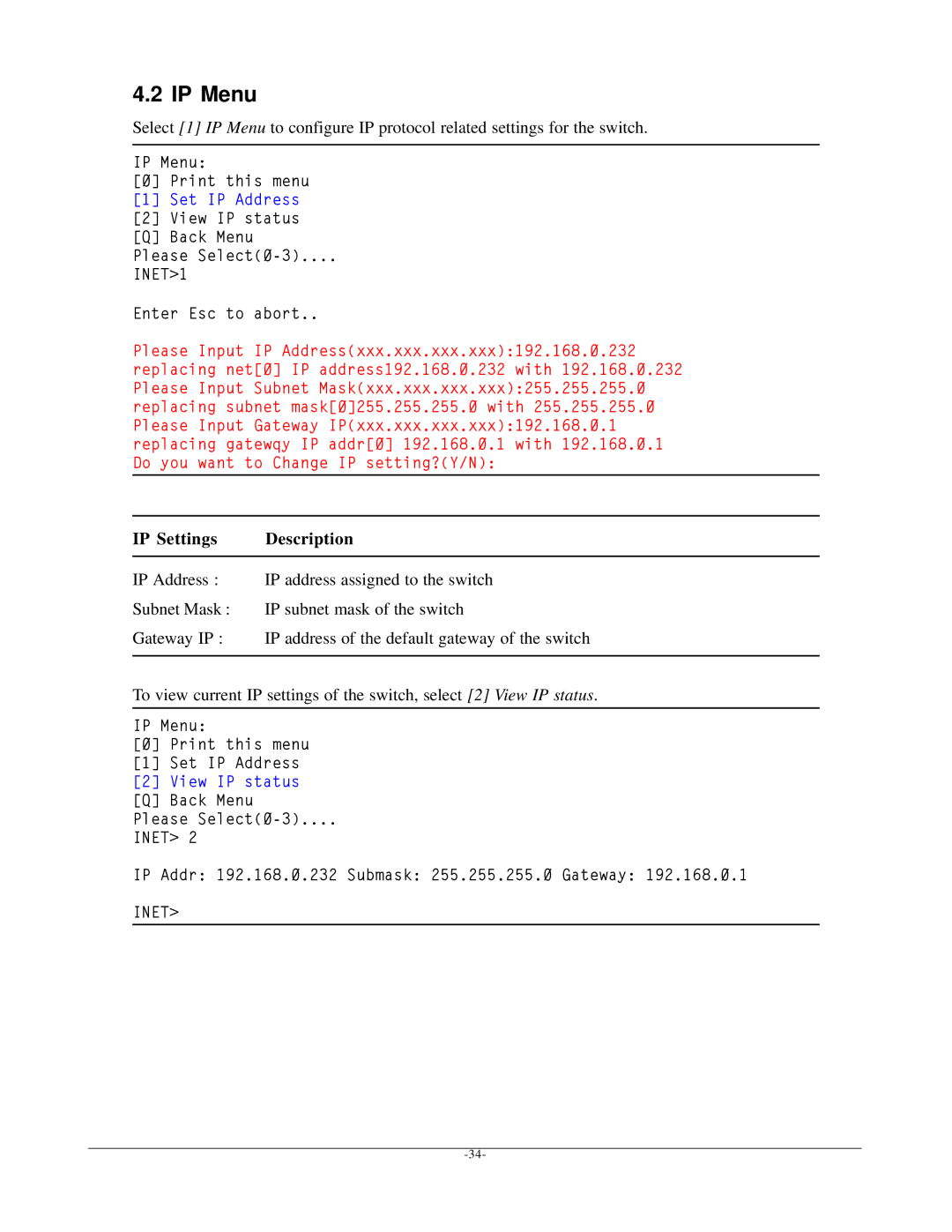 KTI Networks KSD-800M manual IP Menu, IP Settings Description 