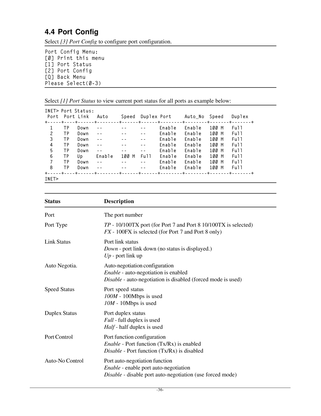 KTI Networks KSD-800M manual Port Config, Status Description 