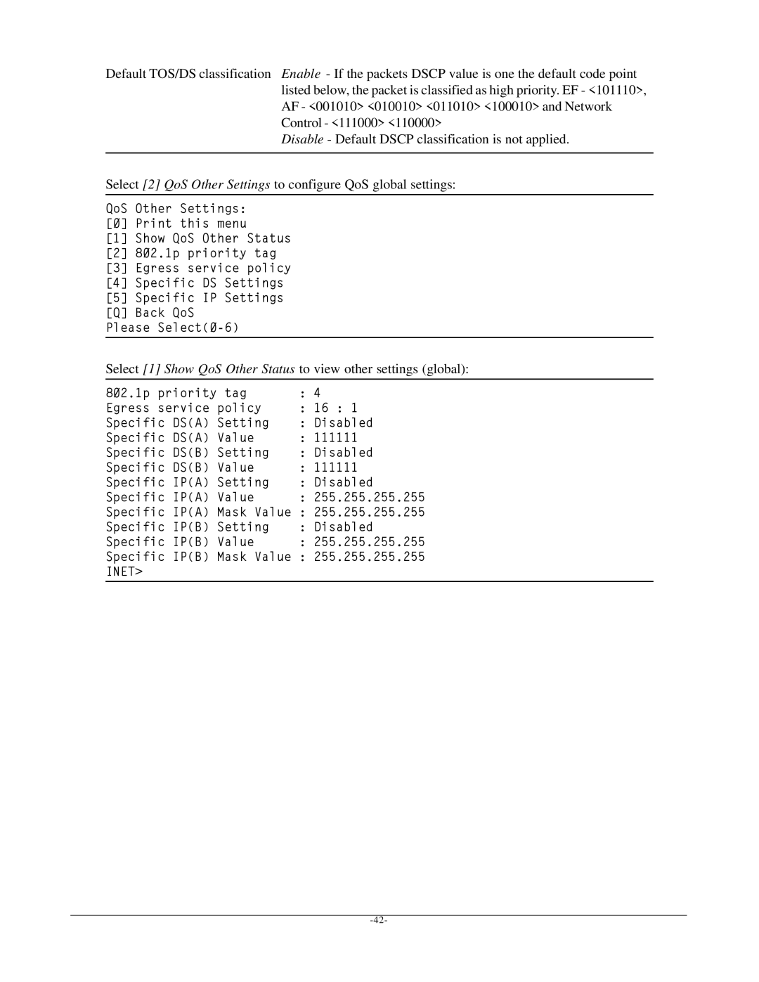 KTI Networks KSD-800M manual Select 1 Show QoS Other Status to view other settings global 