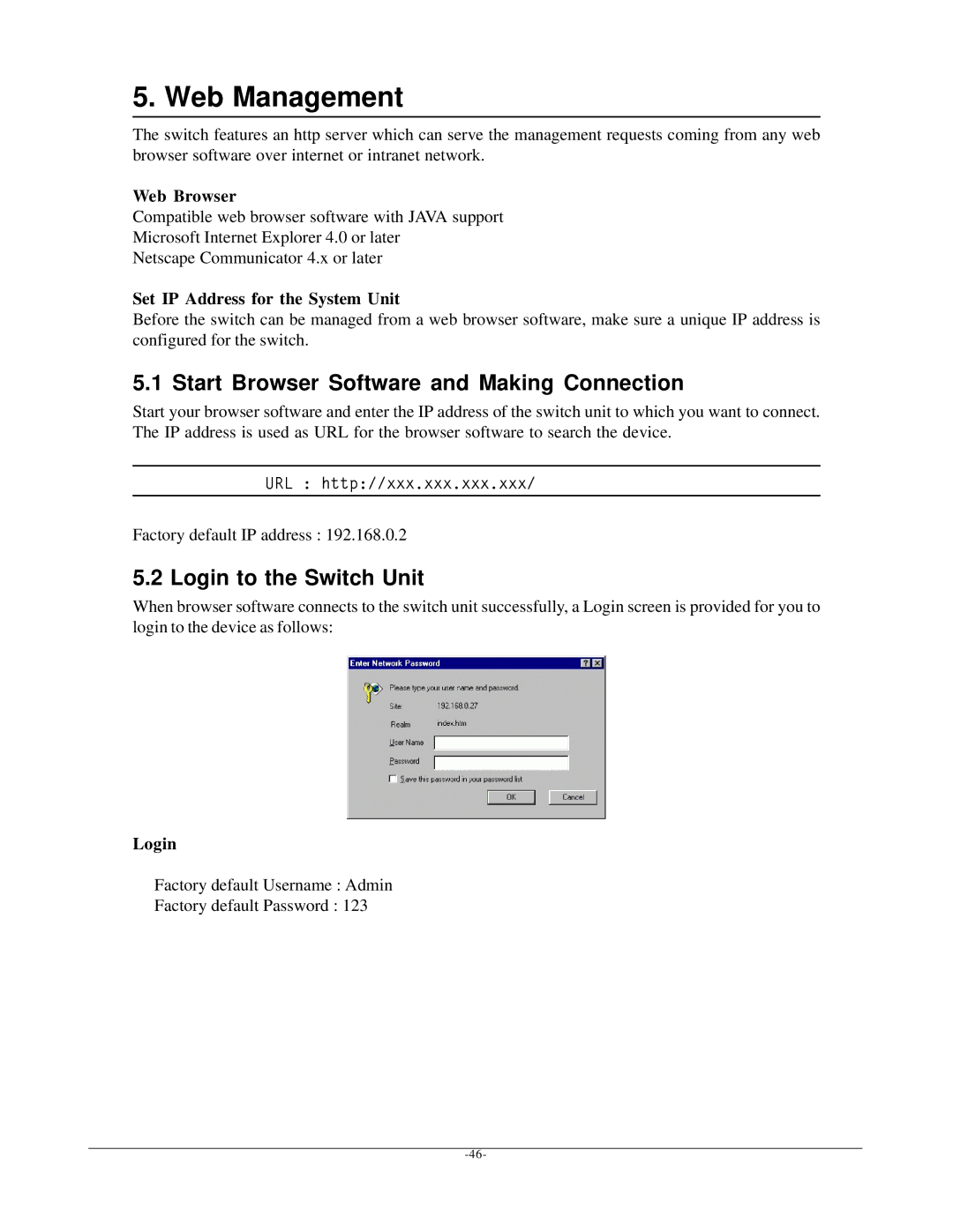 KTI Networks KSD-800M manual Web Management, Start Browser Software and Making Connection, Login to the Switch Unit 