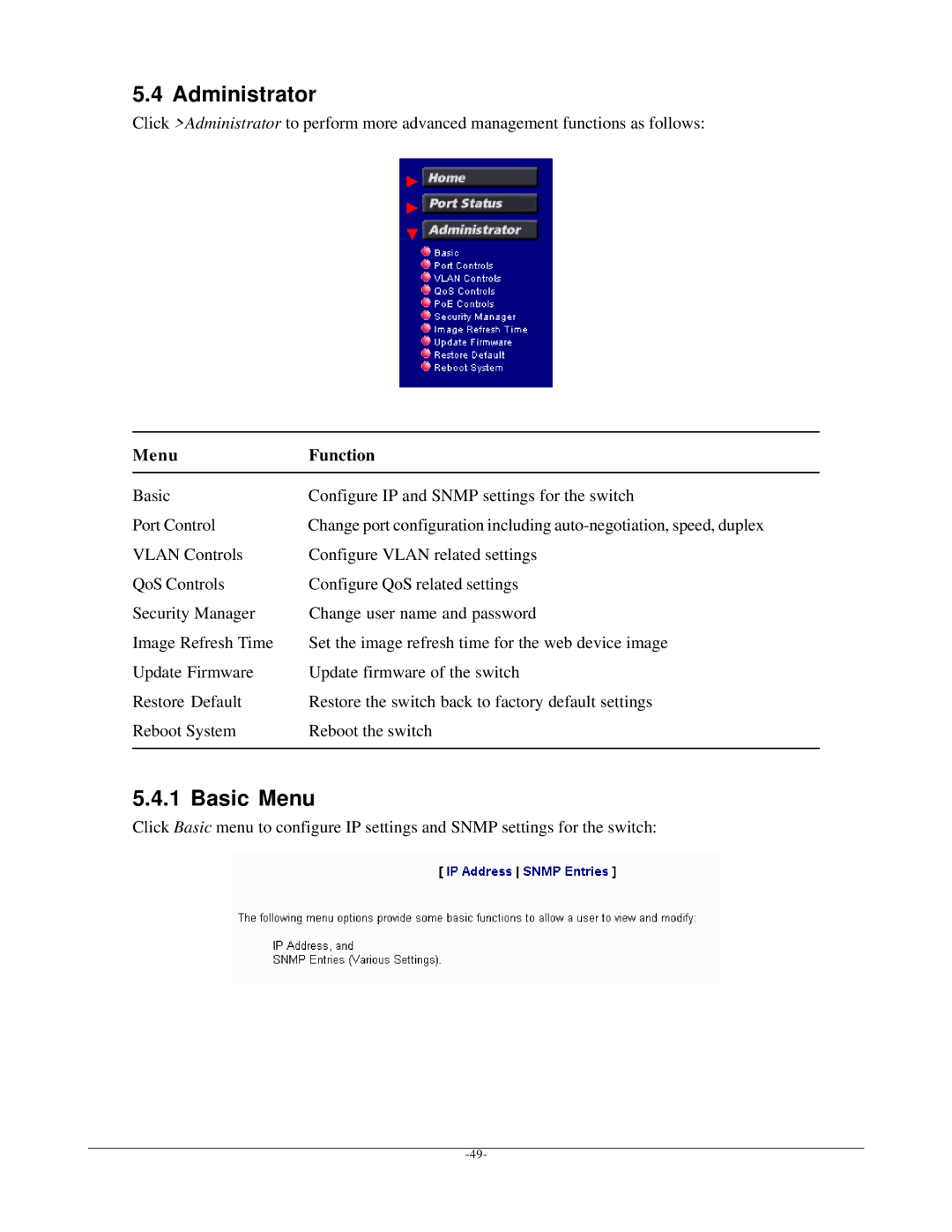 KTI Networks KSD-800M manual Basic Menu, Menu Function 