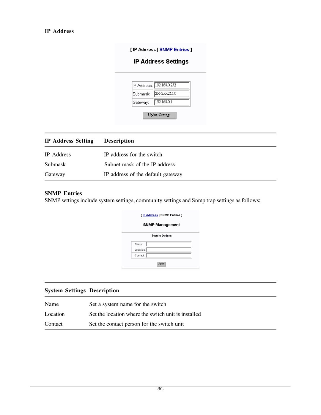 KTI Networks KSD-800M manual IP Address IP Address Setting Description, Snmp Entries, System Settings Description 