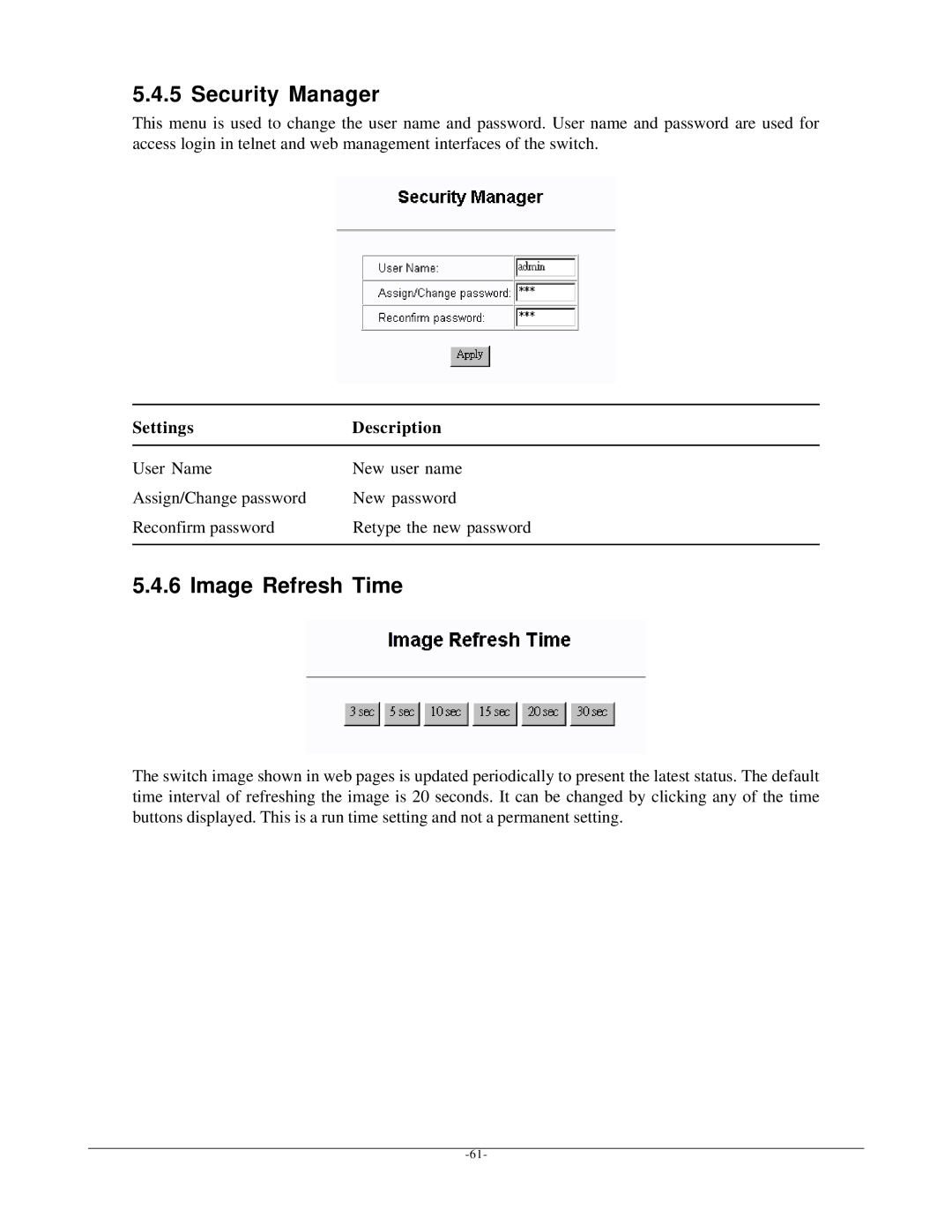 KTI Networks KSD-800M manual Image Refresh Time, Settings Description 