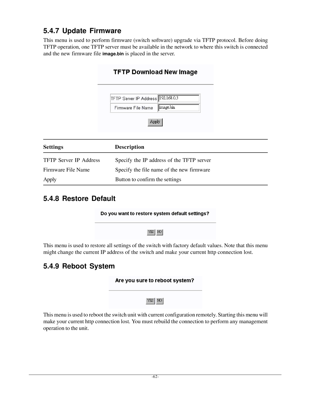 KTI Networks KSD-800M manual Update Firmware, Restore Default 