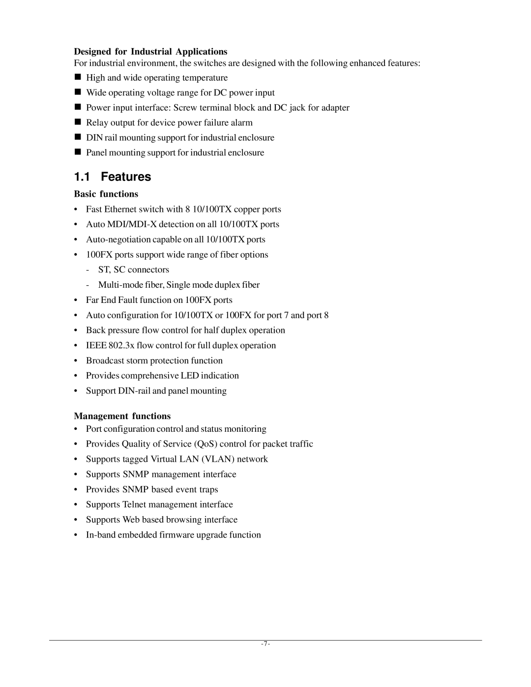 KTI Networks KSD-800M manual Features, Designed for Industrial Applications, Basic functions, Management functions 