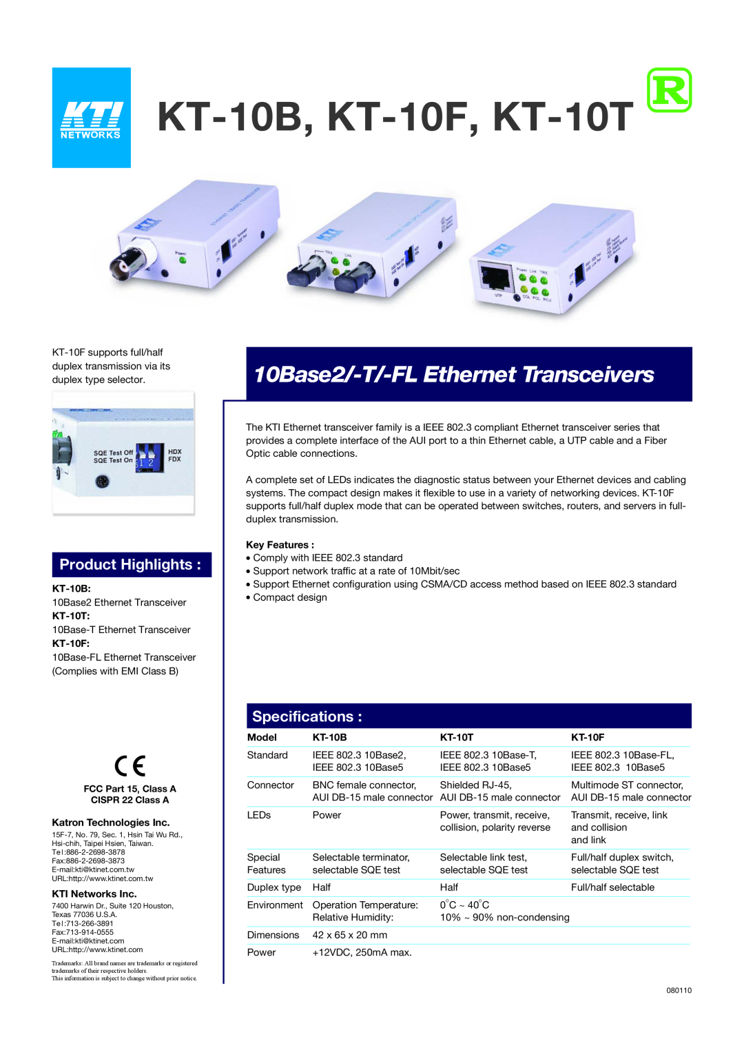 KTI Networks specifications KT-10B, KT-10F, KT-10T, 10Base2/-T/-FL Ethernet Transceivers, Product Highlights, Model 