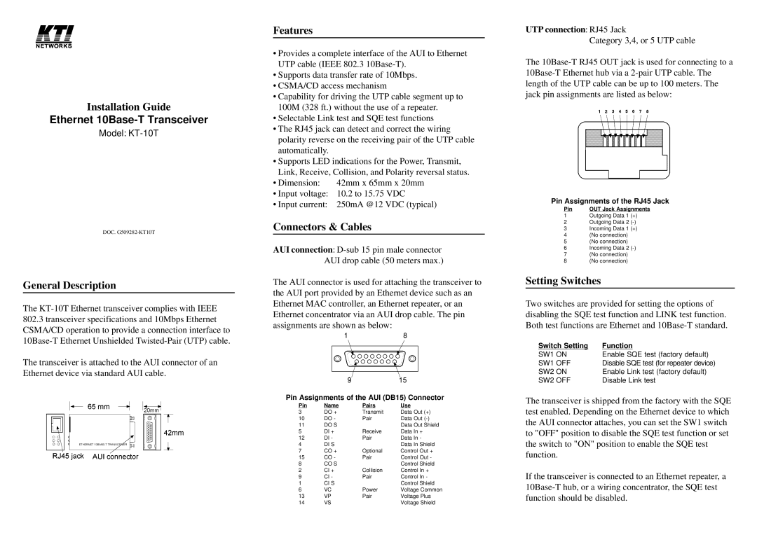 KTI Networks KT-10T specifications Installation Guide, General Description, Features, Connectors & Cables 