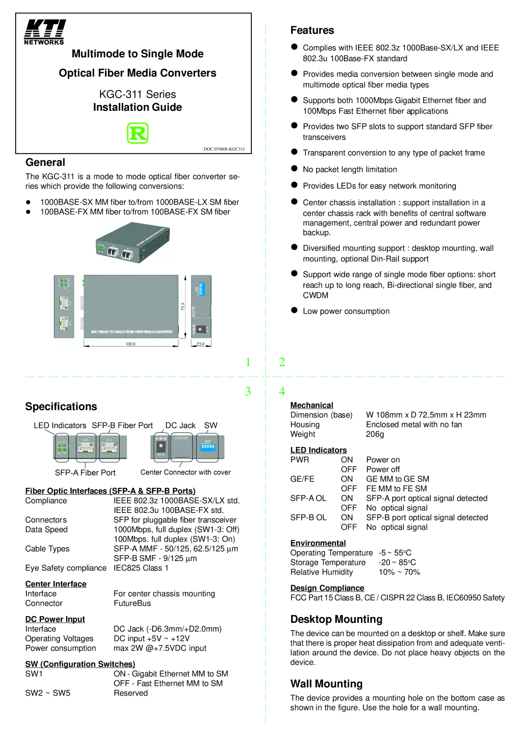 KTI Networks Multimode to Single Mode Optical Fiber Media Converter specifications Installation Guide, General, Features 