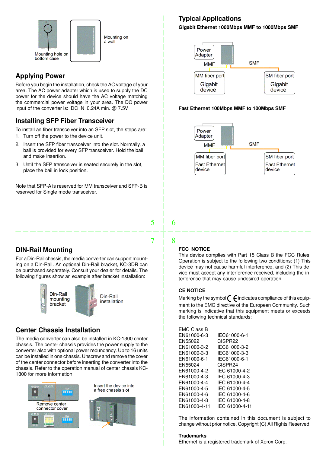 KTI Networks KGC-311 Applying Power, Installing SFP Fiber Transceiver, Typical Applications, DIN-Rail Mounting 