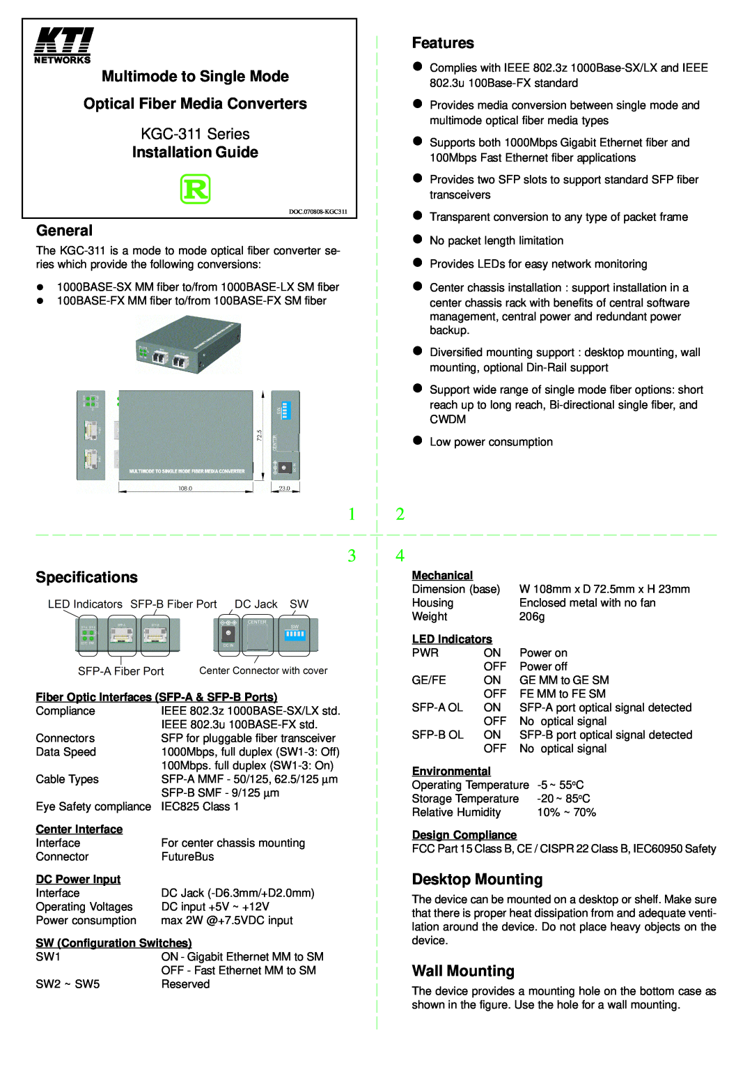 KTI Networks Multimode to Single Mode Optical Fiber Media Converter specifications Installation Guide, General, Features 