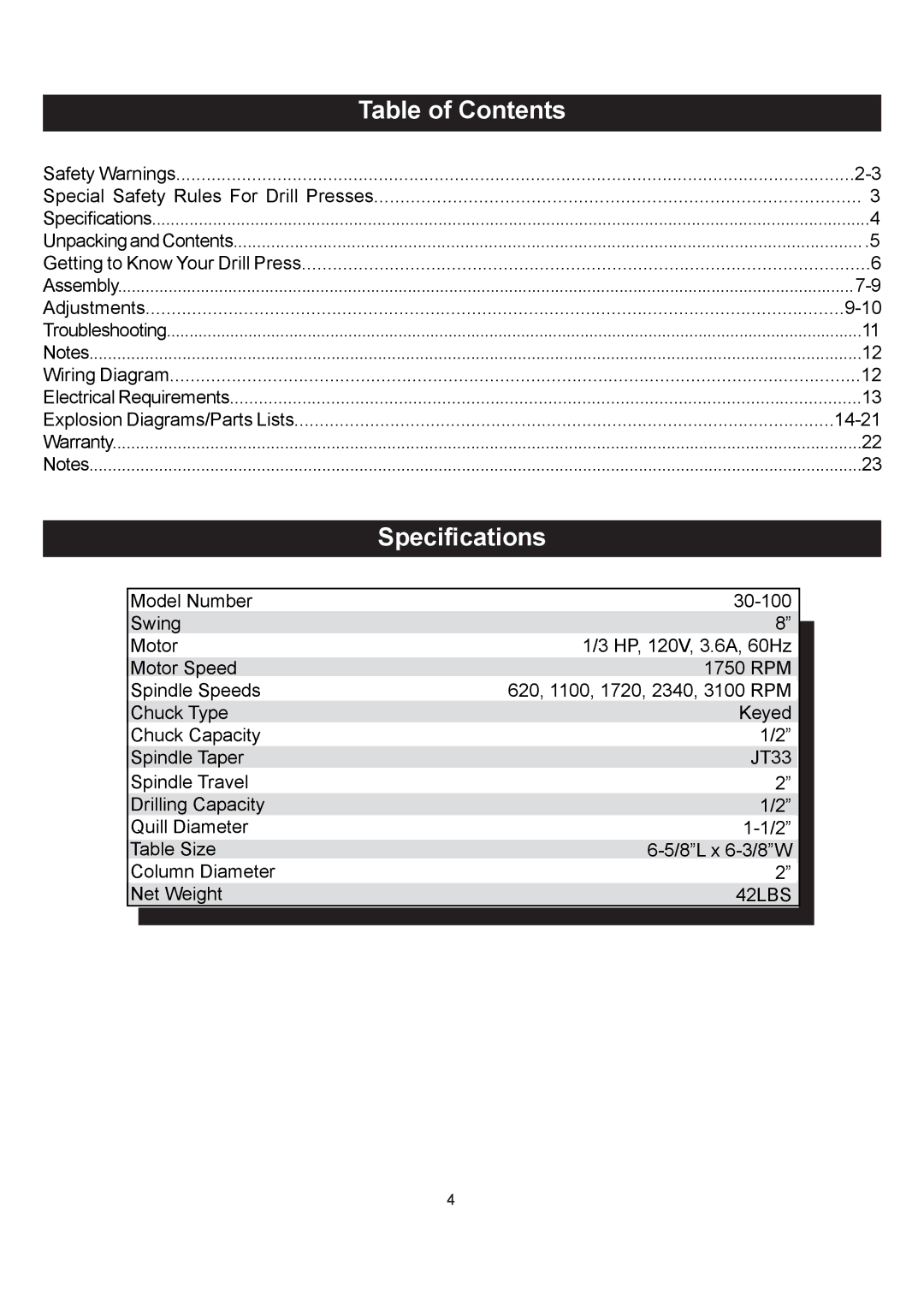 Kuhn Rikon 30-100 owner manual Table of Contents, Specifications 