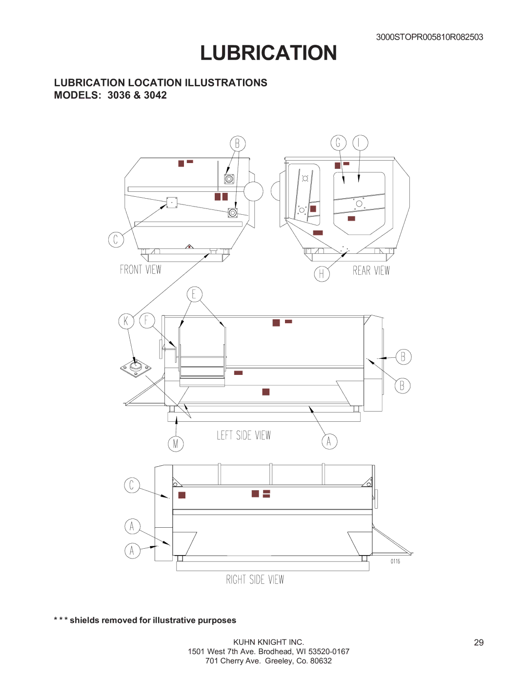 Kuhn Rikon 3030, 3095, 3025, 3015, 3060, 3070, 3020, 3042, 3050 instruction manual Lubrication Location Illustrations Models 3036 