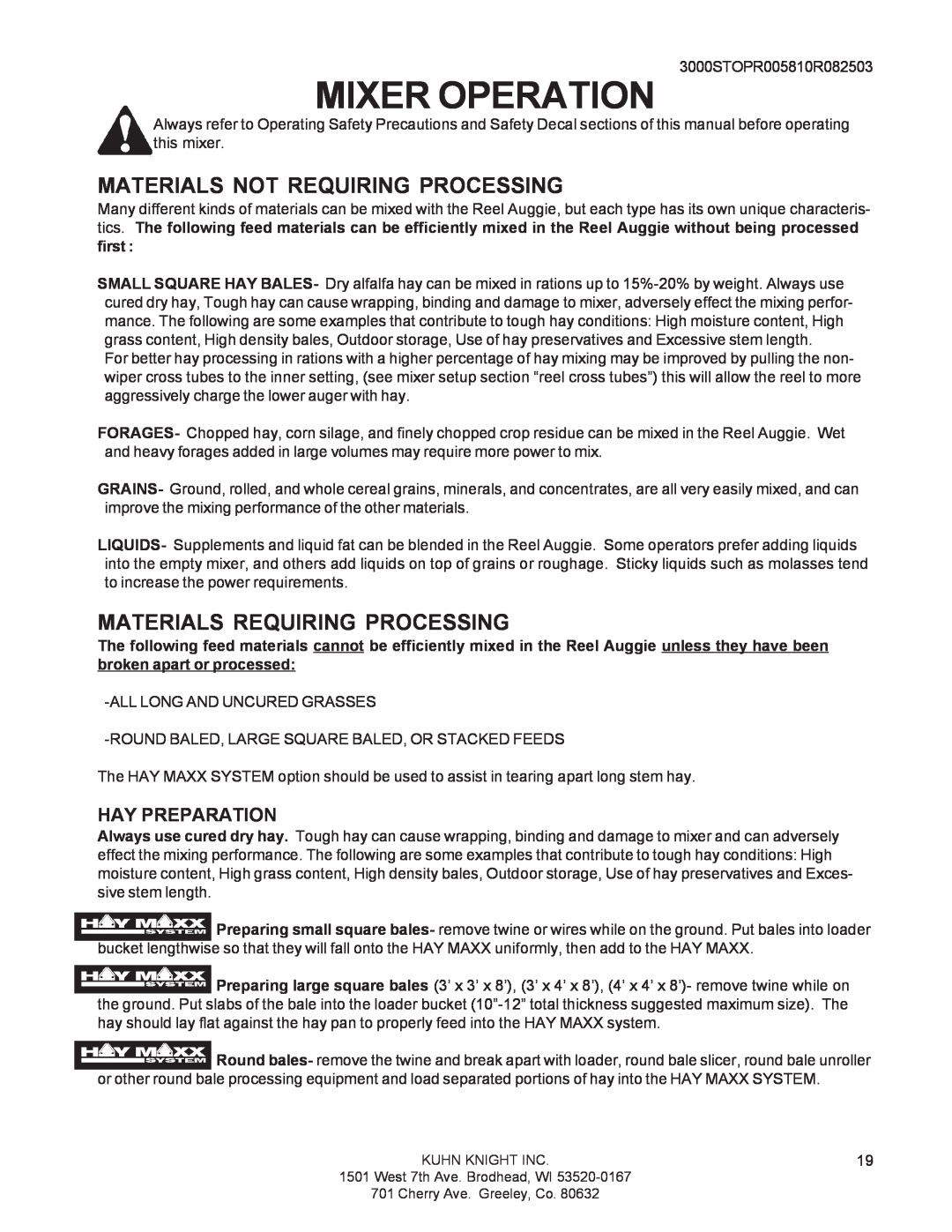 Kuhn Rikon 3030, 3095, 3036, 3025, 3015 Materials Not Requiring Processing, Materials Requiring Processing, Hay Preparation 
