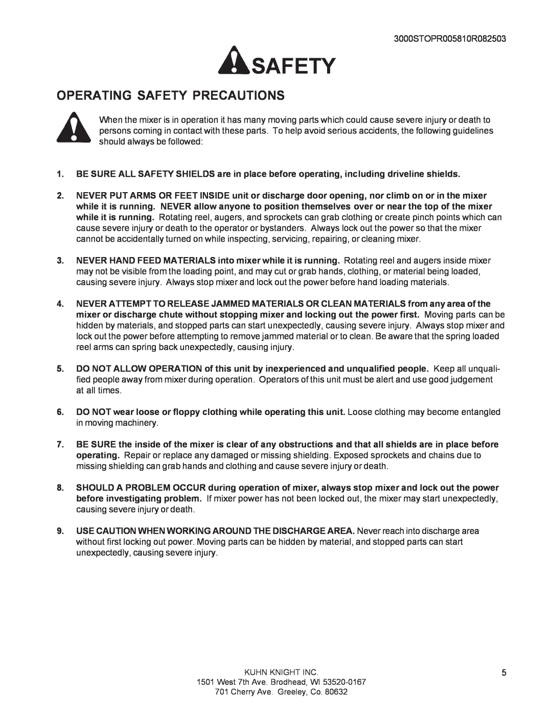 Kuhn Rikon 3070, 3095, 3036, 3025, 3015, 3060, 3020, 3042, 3050, 3030 instruction manual Operating Safety Precautions 