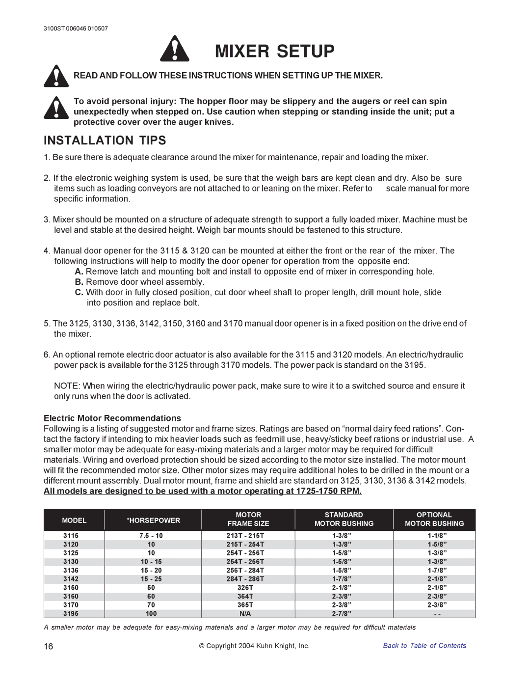 Kuhn Rikon 3100 instruction manual Mixer Setup, Installation Tips 