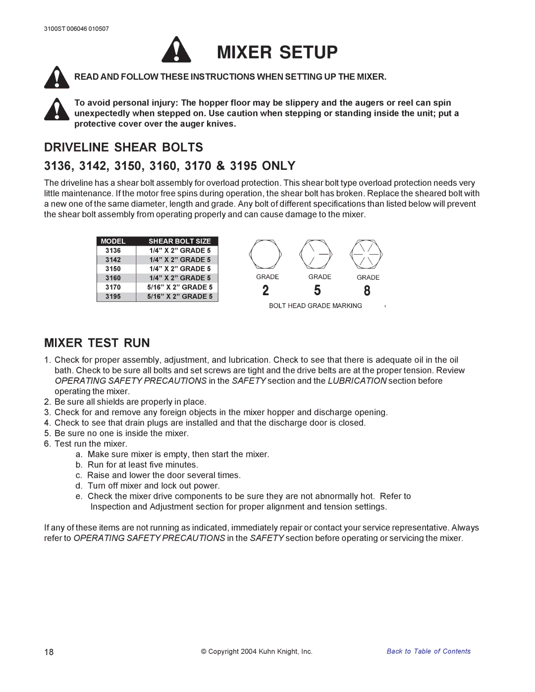 Kuhn Rikon 3100 instruction manual Driveline Shear Bolts, 3136, 3142, 3150, 3160, 3170 & 3195 only, Mixer Test RUN 