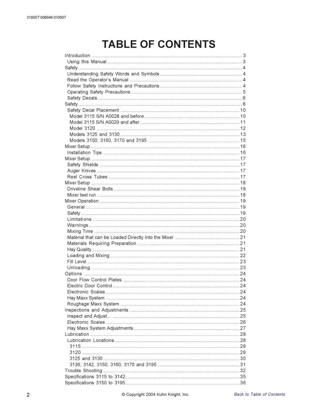 Kuhn Rikon 3100 instruction manual Table of Contents 