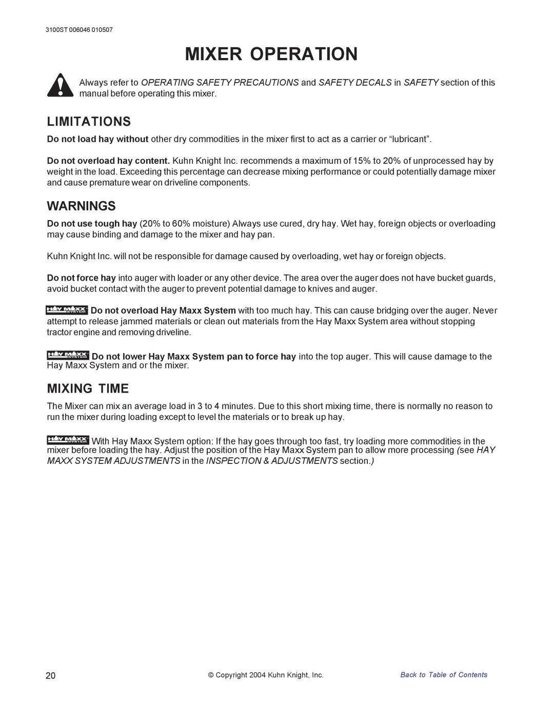 Kuhn Rikon 3100 instruction manual Limitations, Mixing Time 