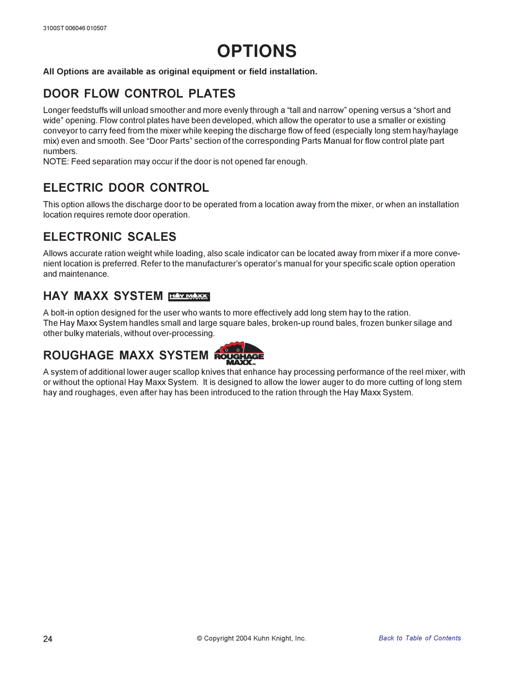 Kuhn Rikon 3100 instruction manual Options 