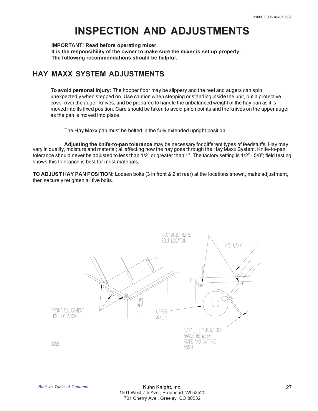 Kuhn Rikon 3100 instruction manual HAY Maxx System Adjustments 