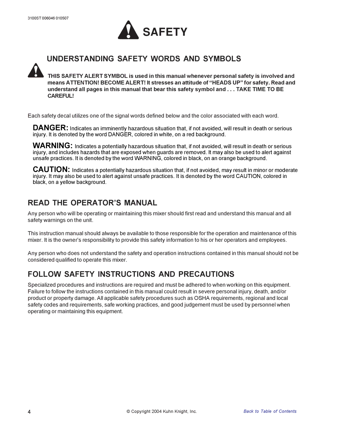 Kuhn Rikon 3100 instruction manual Understanding Safety Words and Symbols, Read the OPERATOR’S Manual 