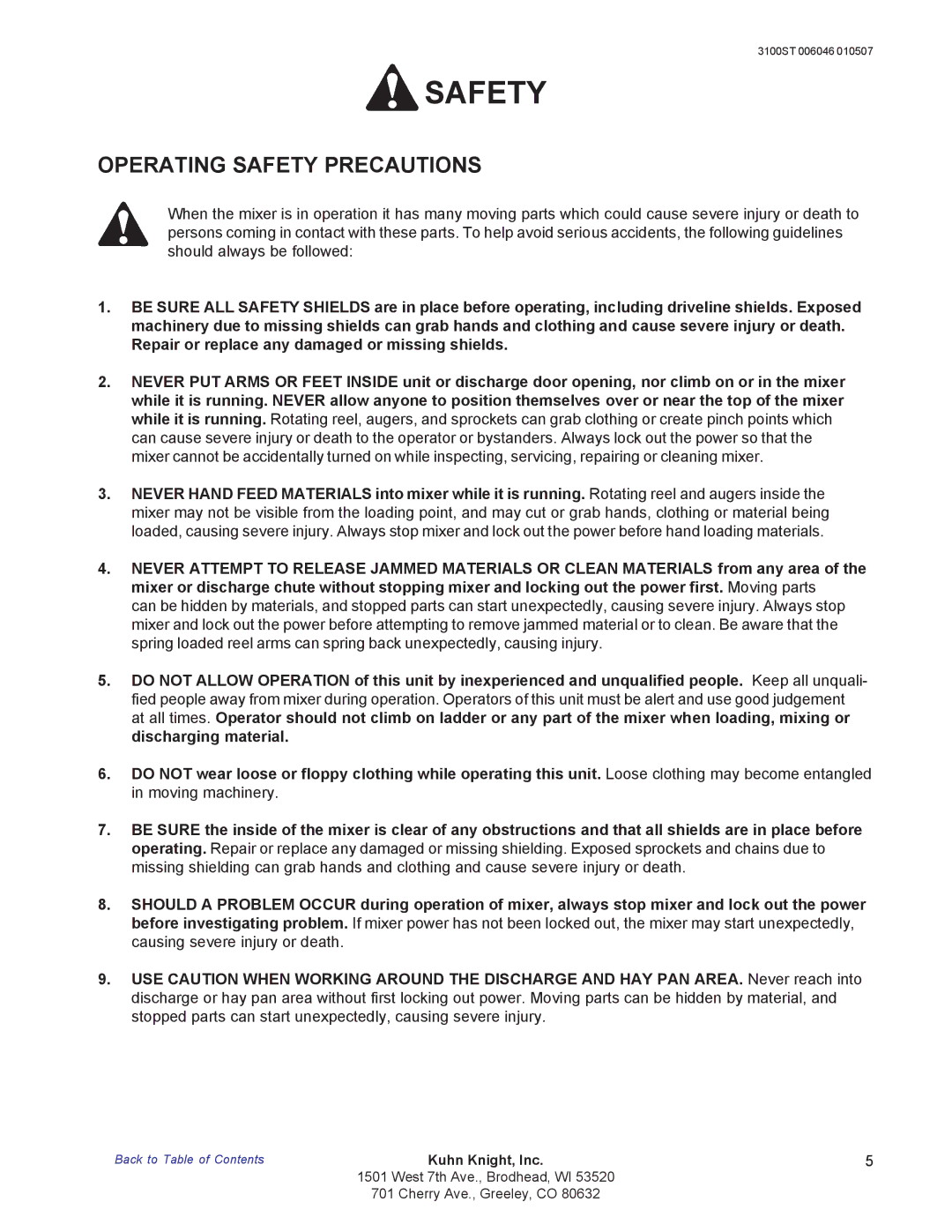 Kuhn Rikon 3100 instruction manual Operating Safety Precautions 