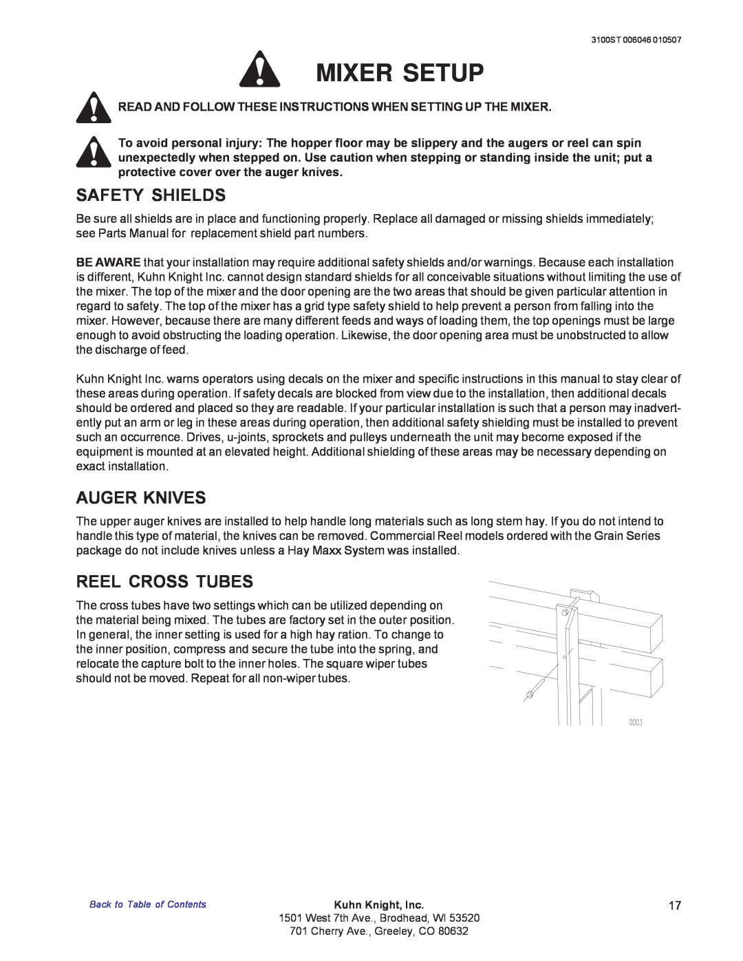 Kuhn Rikon 3100 instruction manual Safety Shields, Auger Knives, Reel Cross Tubes, Mixer Setup 