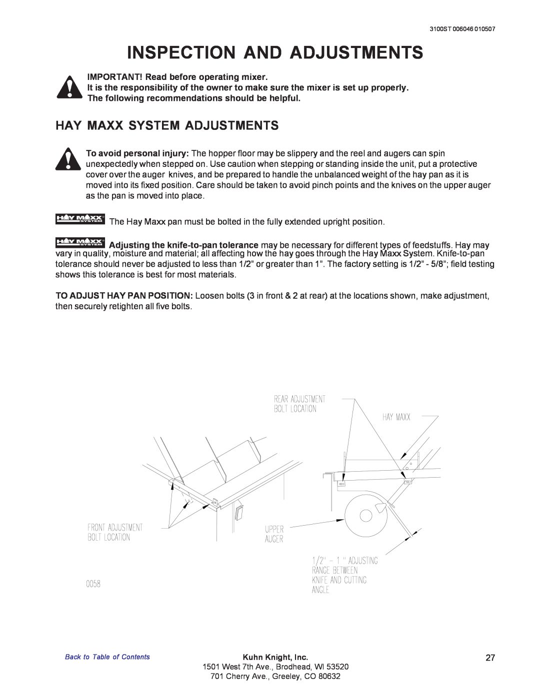 Kuhn Rikon 3100 Hay Maxx System Adjustments, Inspection And Adjustments, IMPORTANT! Read before operating mixer 