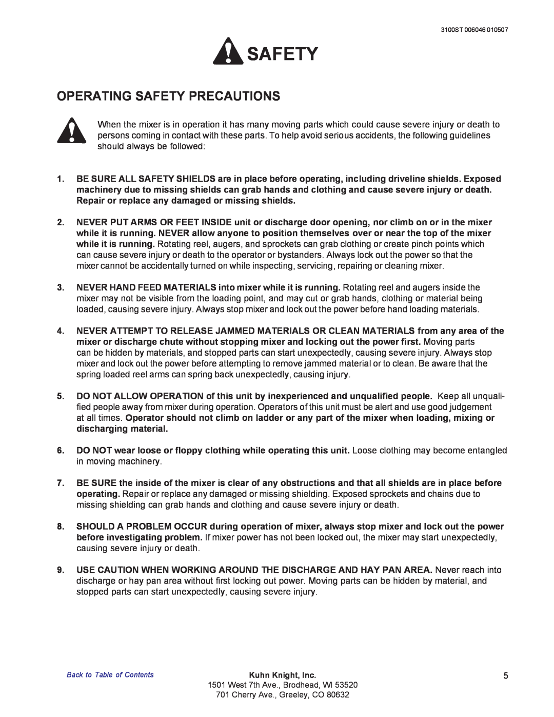 Kuhn Rikon 3100 instruction manual Operating Safety Precautions, Back to Table of ContentsKuhn Knight, Inc.5 