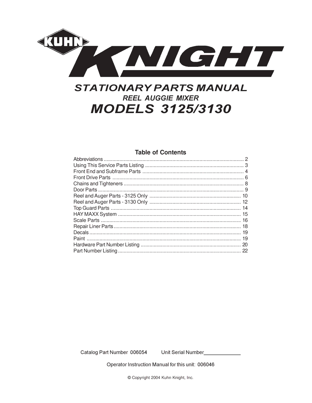 Kuhn Rikon instruction manual Models 3125/3130, Table of Contents 