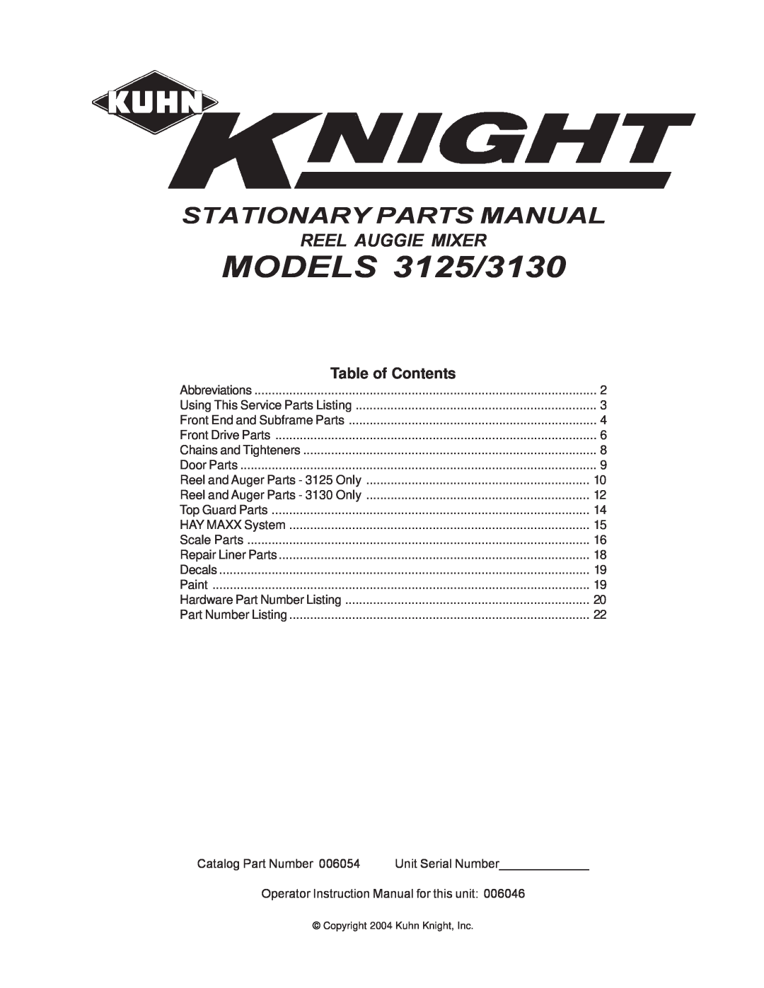 Kuhn Rikon instruction manual Table of Contents, MODELS 3125/3130, Stationary Parts Manual, Reel Auggie Mixer 