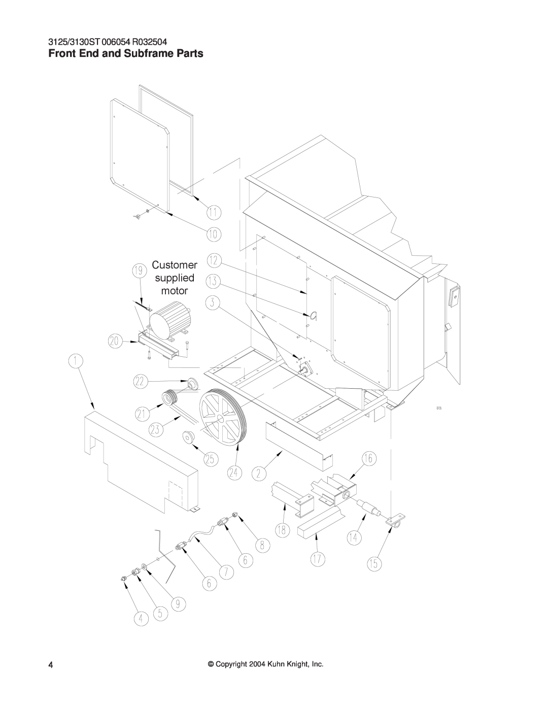 Kuhn Rikon 3130, 3125 instruction manual Front End and Subframe Parts, Customer supplied motor 
