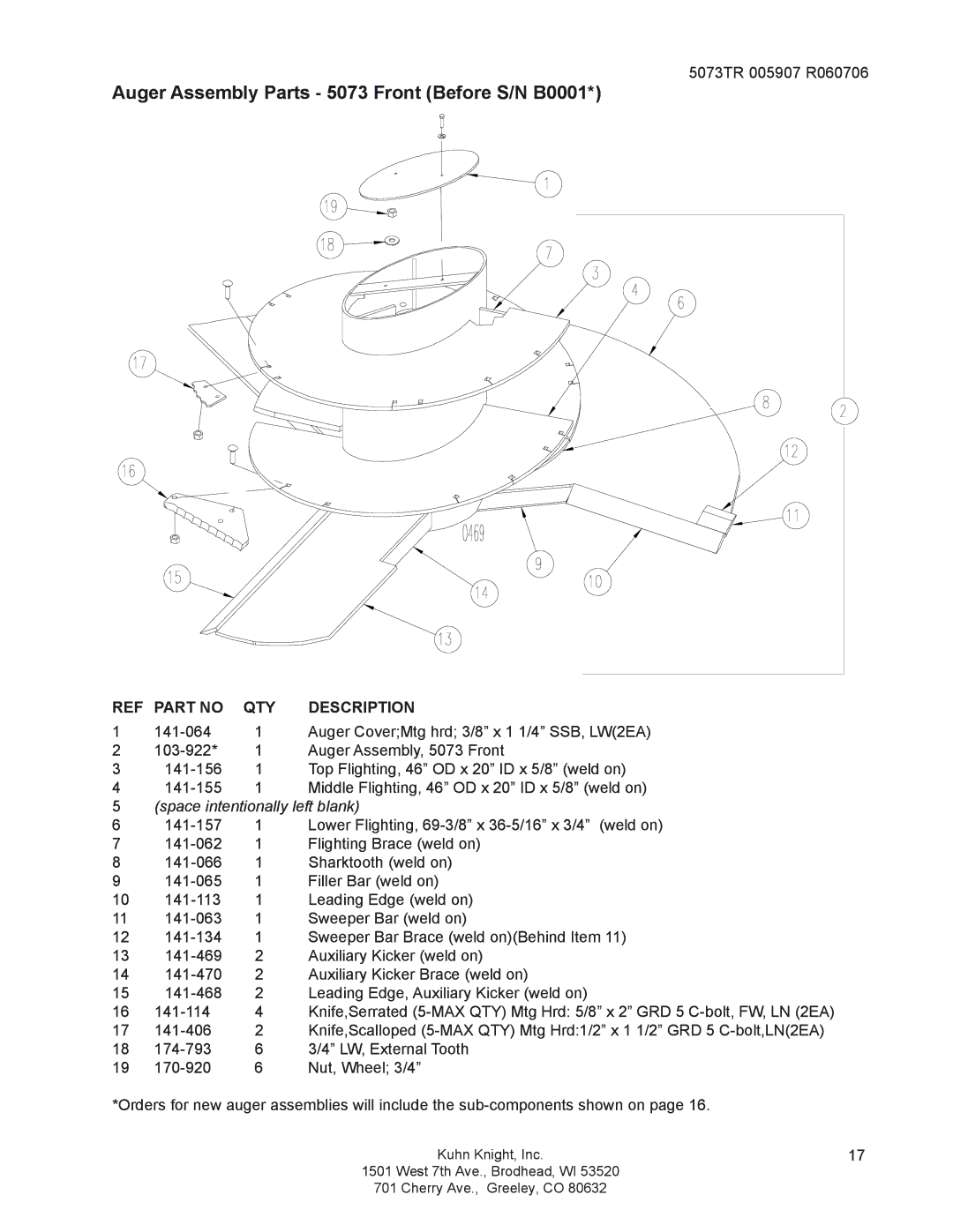 Kuhn Rikon 50100, 5085 instruction manual Auger Assembly Parts 5073 Front Before S/N B0001, Space intentionally left blank 