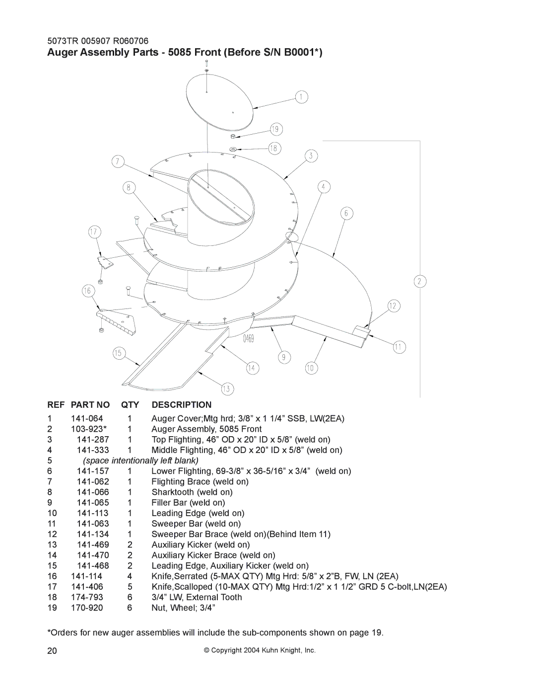 Kuhn Rikon 50100, 5073 instruction manual Auger Assembly Parts 5085 Front Before S/N B0001 