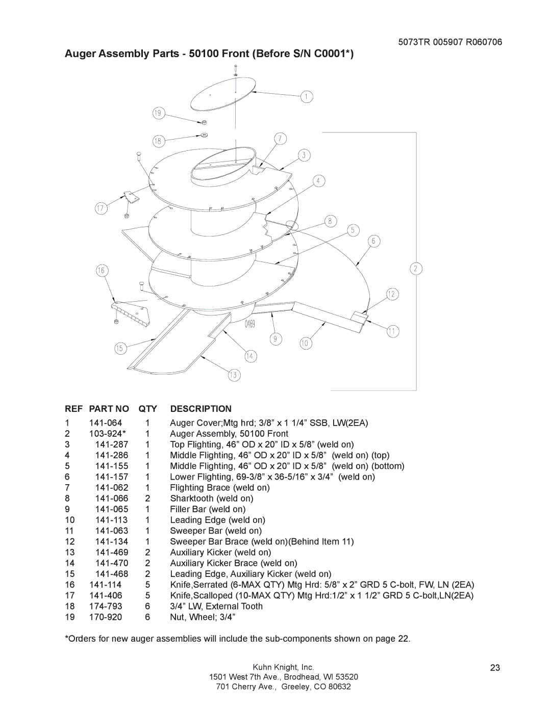 Kuhn Rikon 5085, 5073 instruction manual Auger Assembly Parts 50100 Front Before S/N C0001 