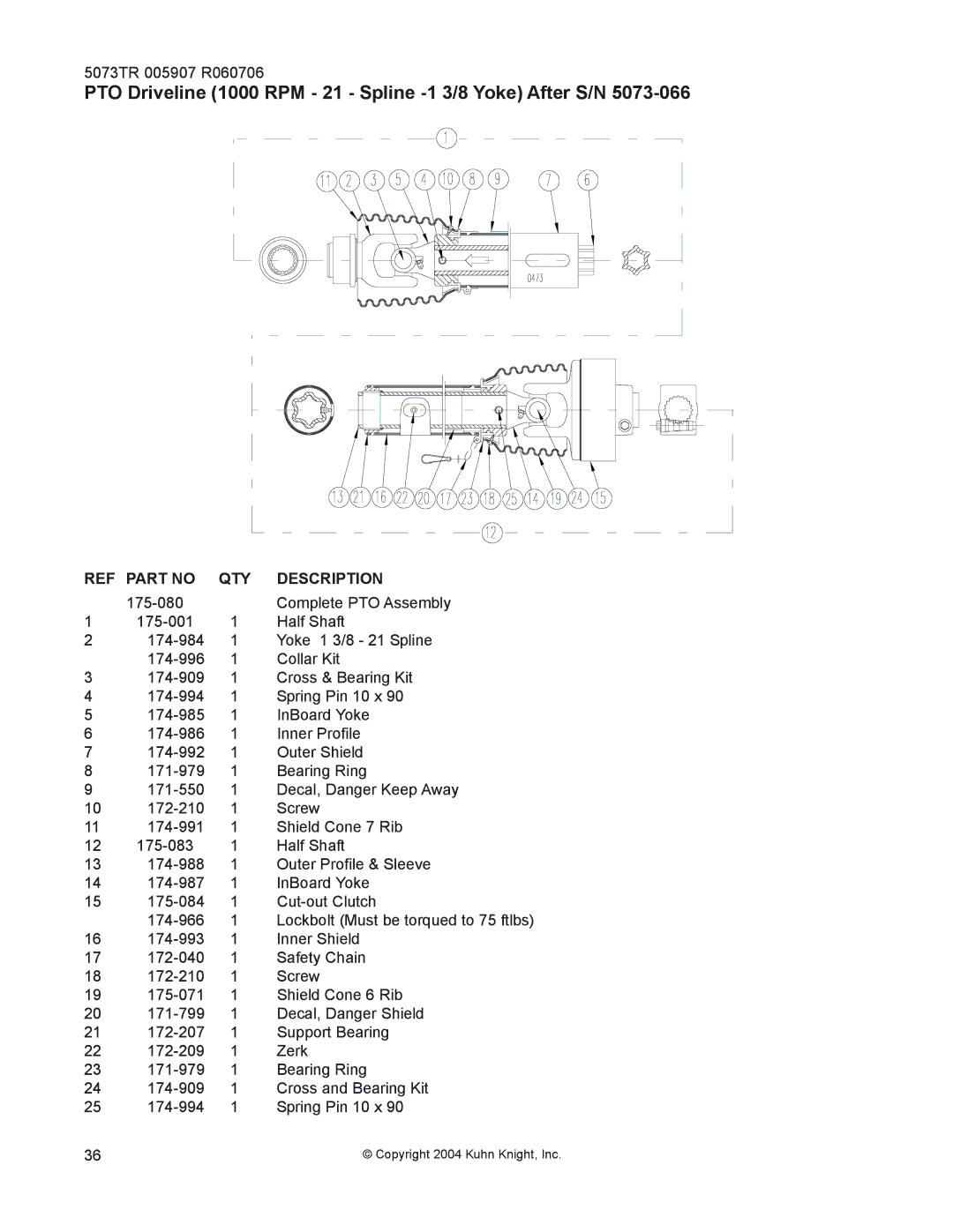 Kuhn Rikon 5085, 5073, 50100 instruction manual PTO Driveline 1000 RPM 21 Spline -1 3/8 Yoke After S/N 