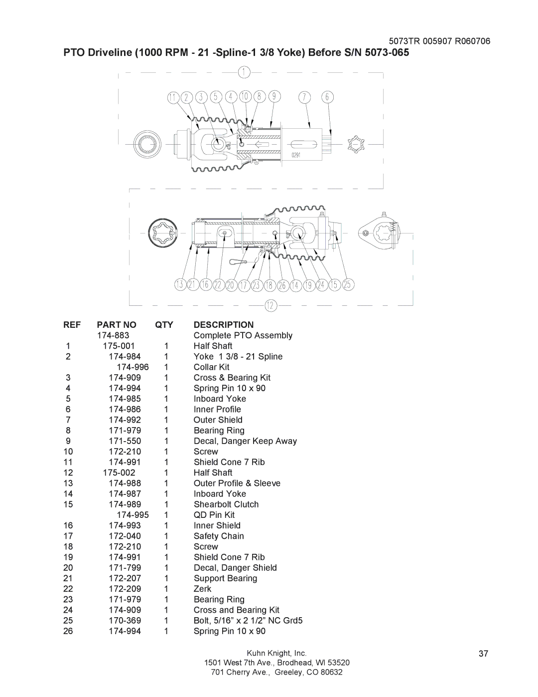 Kuhn Rikon 5073, 5085, 50100 instruction manual PTO Driveline 1000 RPM 21 -Spline-1 3/8 Yoke Before S/N 