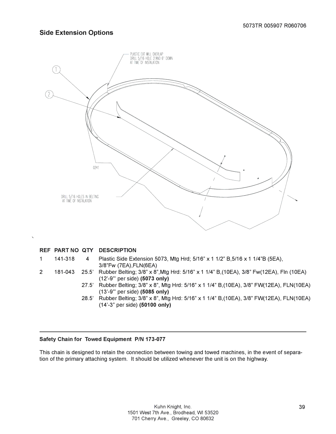 Kuhn Rikon 5085, 5073, 50100 instruction manual Side Extension Options, Safety Chain for Towed Equipment P/N 