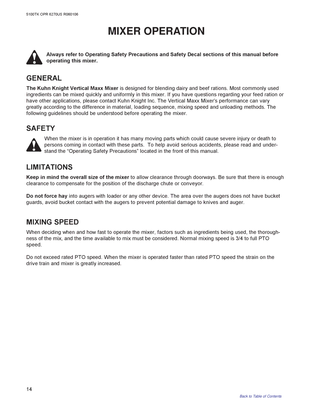 Kuhn Rikon 5100 instruction manual Mixer Operation, General, Safety, Limitations, Mixing Speed 